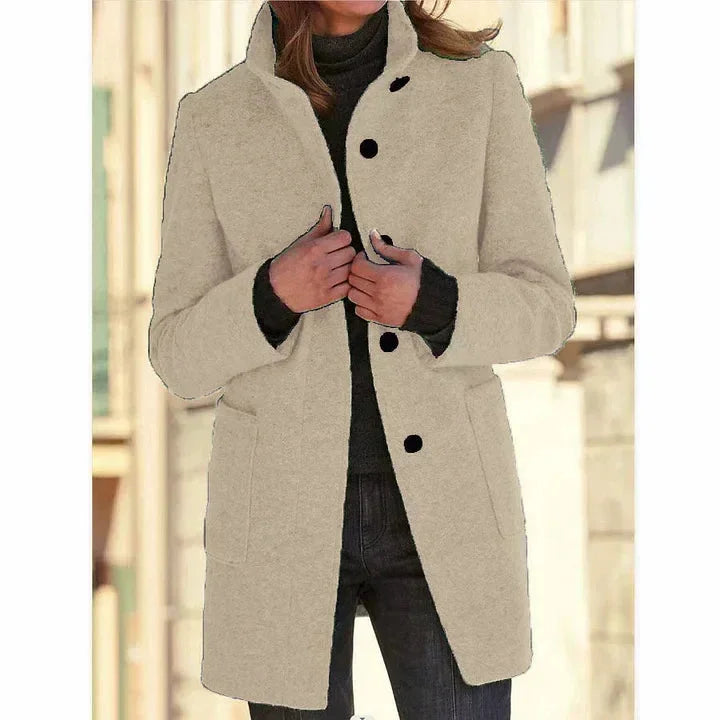 Women's button-front stand collar wool coat with patch pockets – Apricot