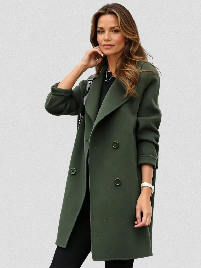 Women's double-breasted notch lapel wool coat with wide – Army Green