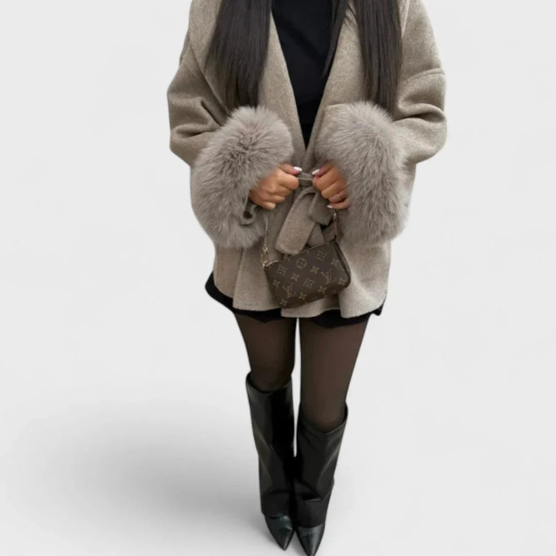 Women's wool wrap shawl collar jacket with faux fur cuffs – Beige