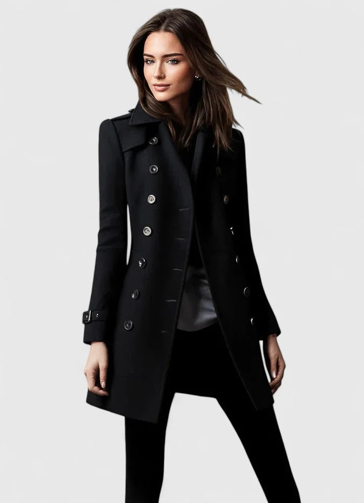 Women's double-breasted notch lapel wool coat with shoulder epaulets – Black