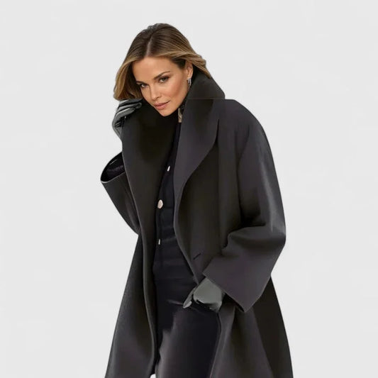 Women's button-front shawl collar wool coat with wide – Black