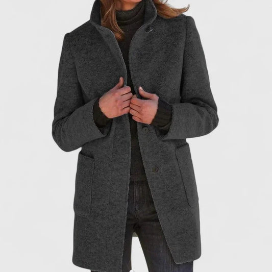 Women's button-front stand collar wool coat with patch pockets – Black