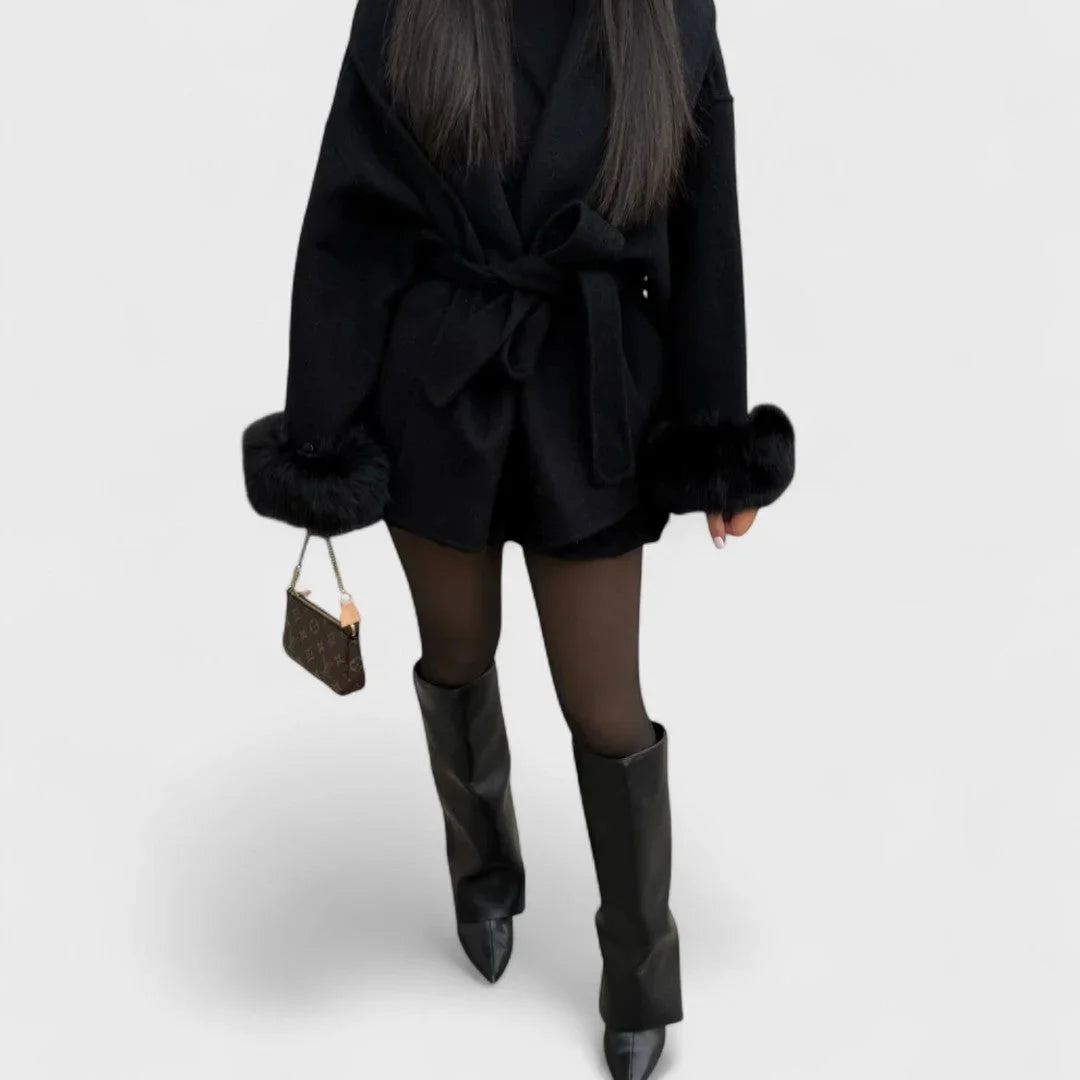 Women's wool wrap shawl collar jacket with faux fur cuffs – Black