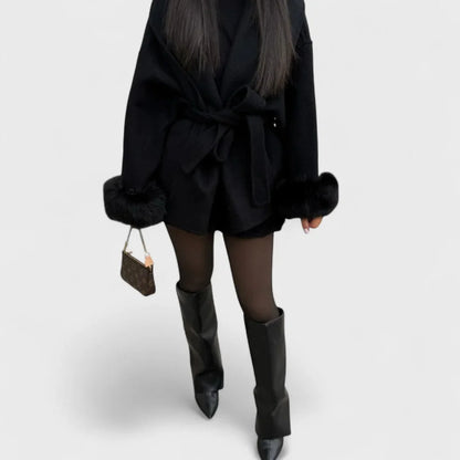 Women's wool wrap shawl collar jacket with faux fur cuffs – Black