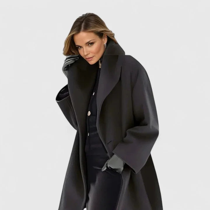 Women's button-front shawl collar wool coat with oversized draped – Black