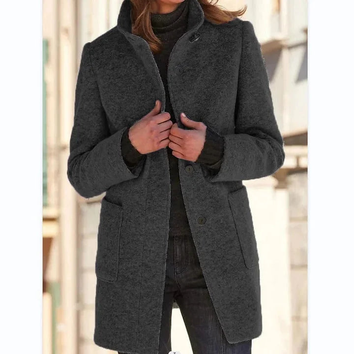 Women's button-front stand collar wool coat with patch pockets – Black