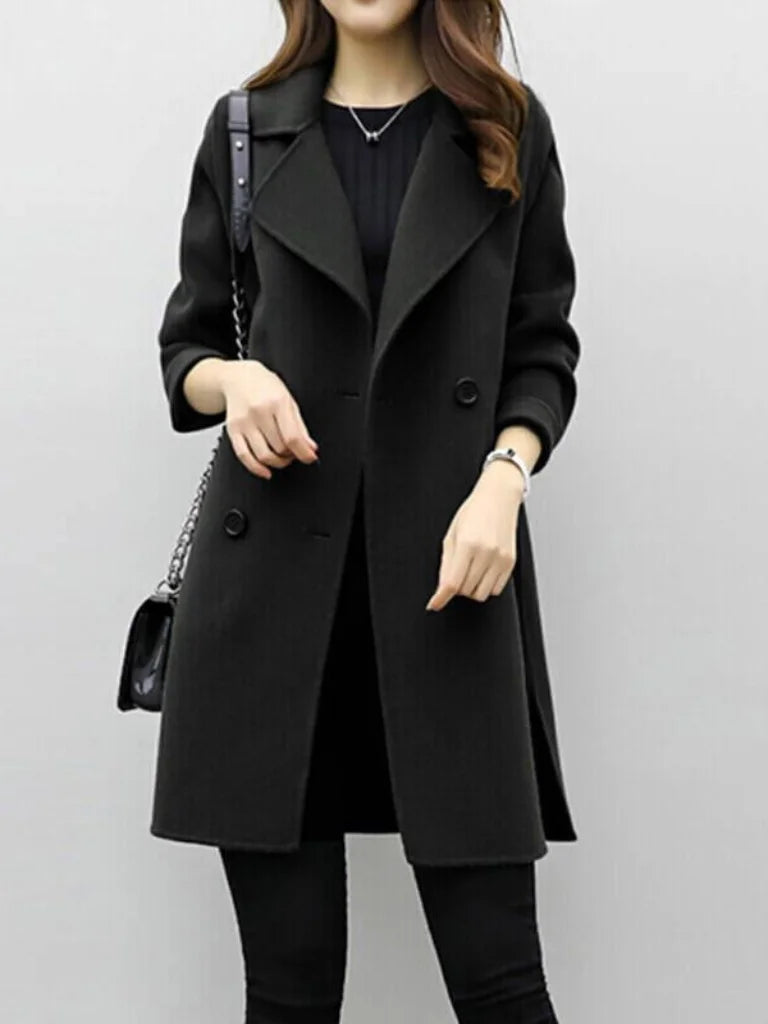 Women's double-breasted notch lapel wool coat with wide – Black