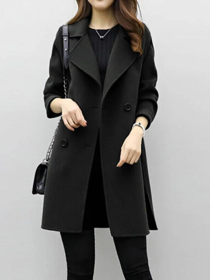 Women's double-breasted notch lapel wool coat with wide – Black