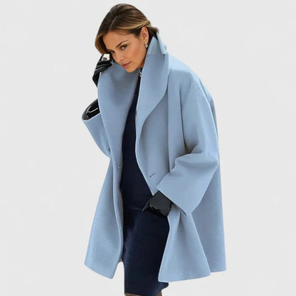 Women's button-front shawl collar wool coat with oversized draped – Blue
