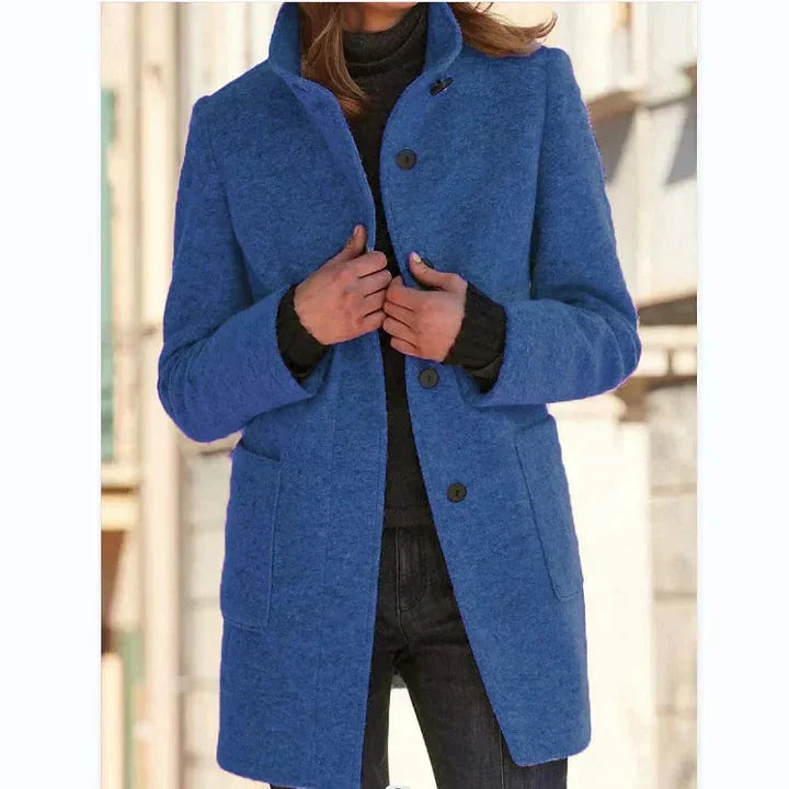 Women's button-front stand collar wool coat with patch pockets – Blue