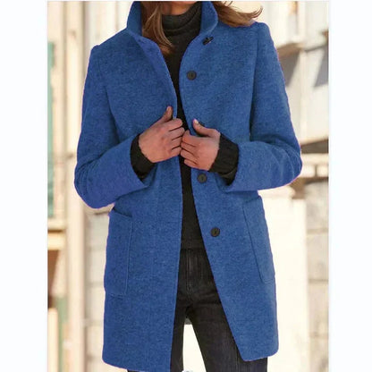 Women's button-front stand collar wool coat with patch pockets – Blue