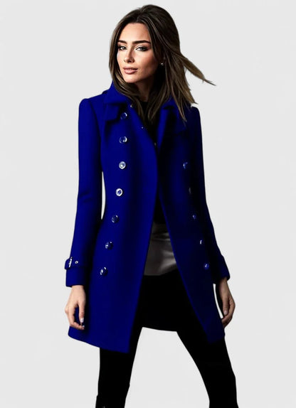 Women's double-breasted notch lapel wool coat with shoulder epaulets – Blue