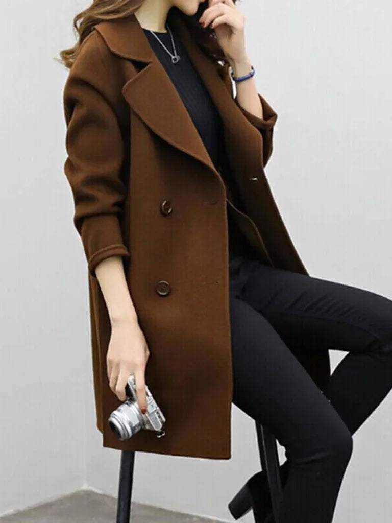Women's double-breasted notch lapel wool coat with wide – Brown