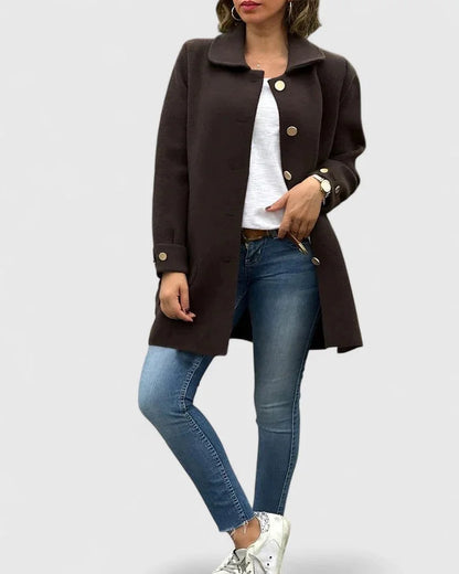 Women's button-front collared wool coat with bow details on back – Brown