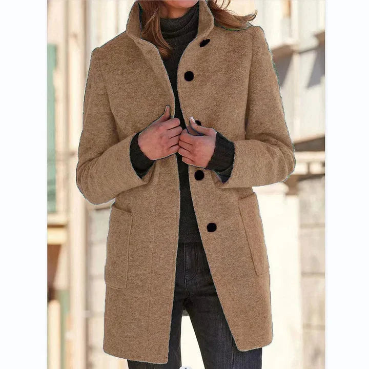 Women's button-front stand collar wool coat with patch pockets – Camel