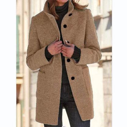 Women's button-front stand collar wool coat with patch pockets – Camel