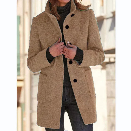 Women's button-front stand collar wool coat with patch pockets – Camel