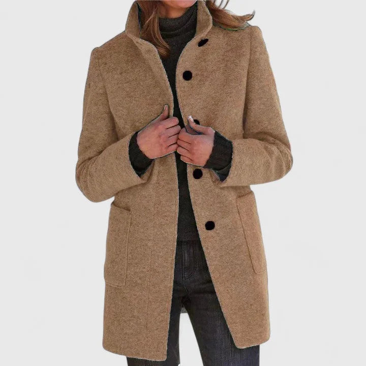 Women's button-front stand collar wool coat with patch pockets – Camel