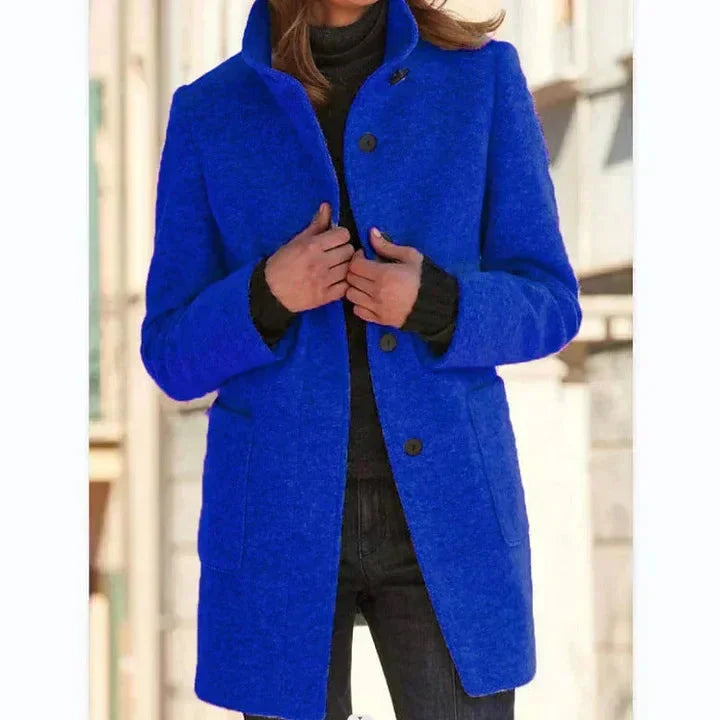 Women's button-front stand collar wool coat with patch pockets – Dark Blue