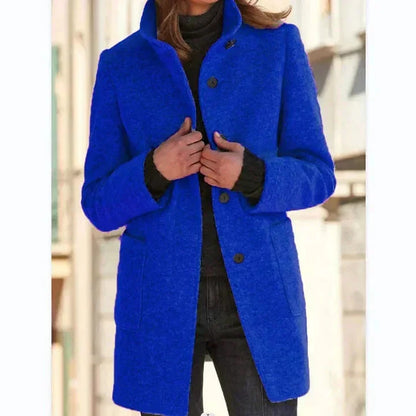 Women's button-front stand collar wool coat with patch pockets – Dark Blue