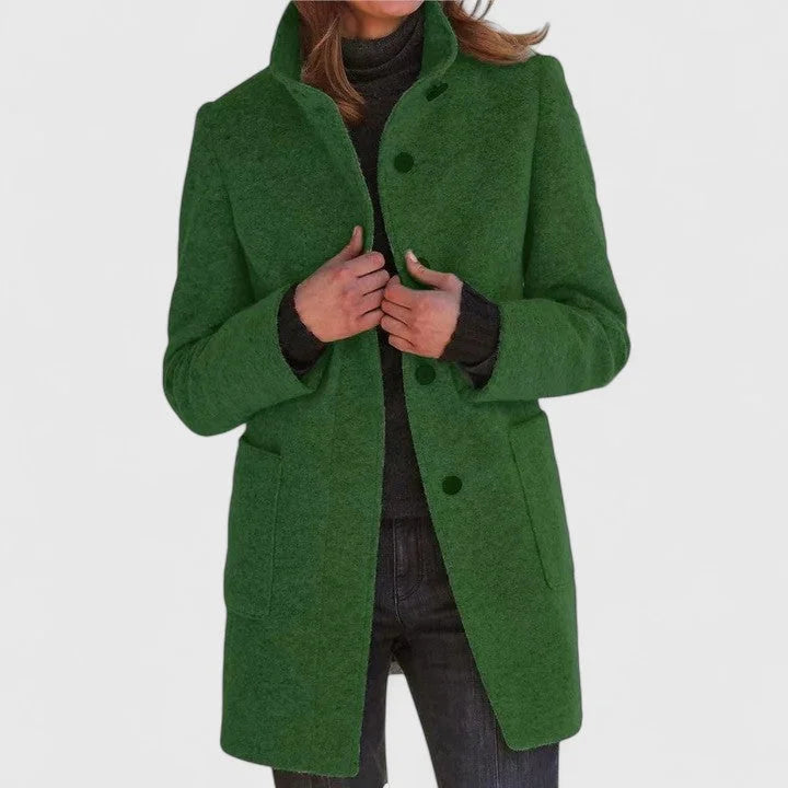 Women's button-front stand collar wool coat with patch pockets – Dark Green