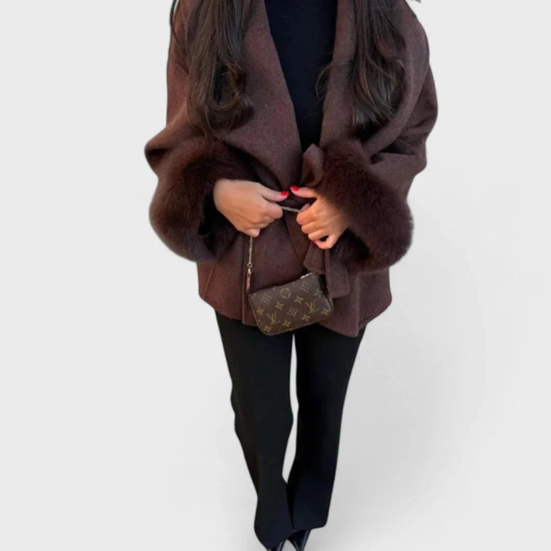 Women's wool wrap shawl collar jacket with faux fur cuffs – Dark Red