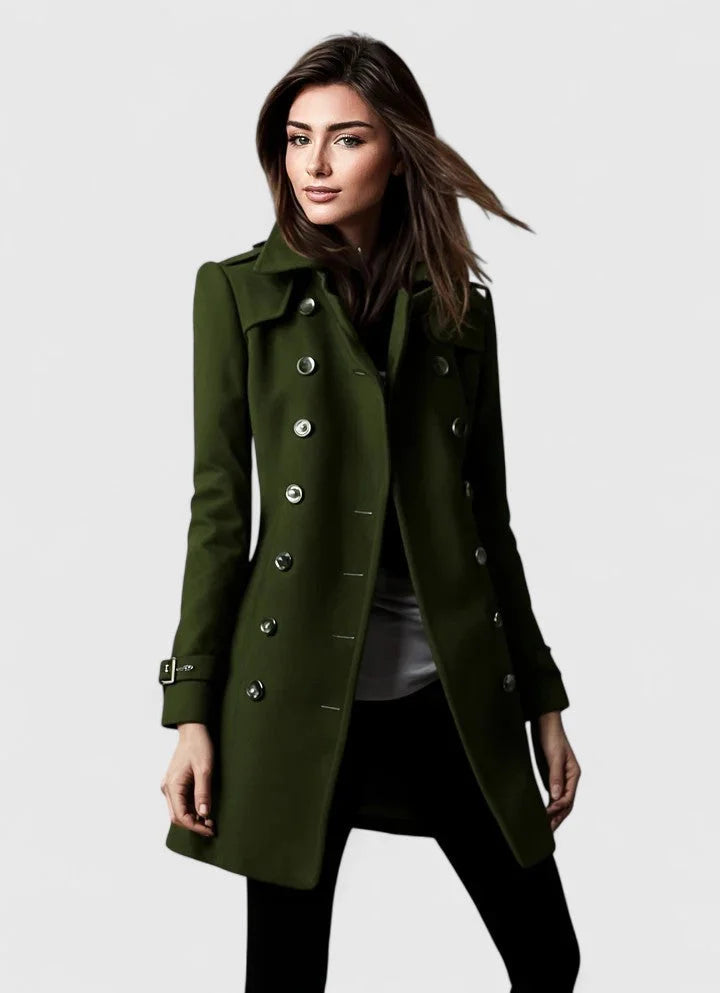 Women's double-breasted notch lapel wool coat with shoulder epaulets – Green