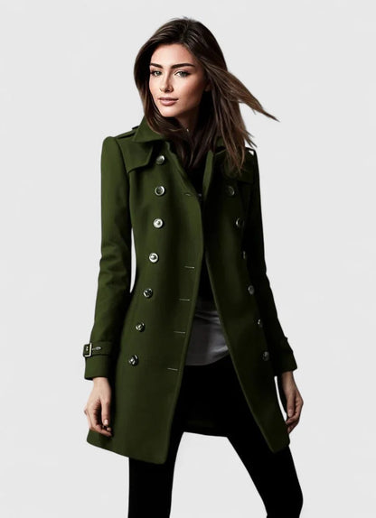 Women's double-breasted notch lapel wool coat with shoulder epaulets – Green