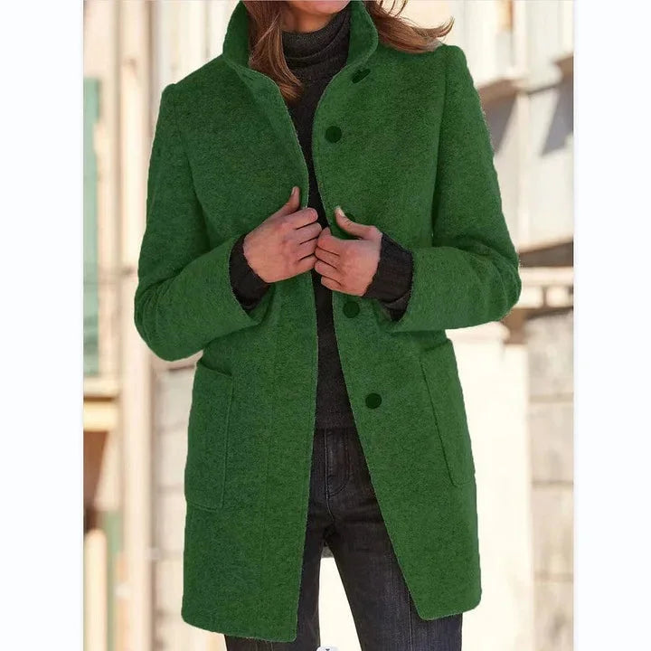 Women's button-front stand collar wool coat with patch pockets – Green