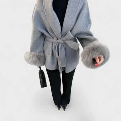 Women's wool wrap shawl collar jacket with faux fur cuffs – Grey