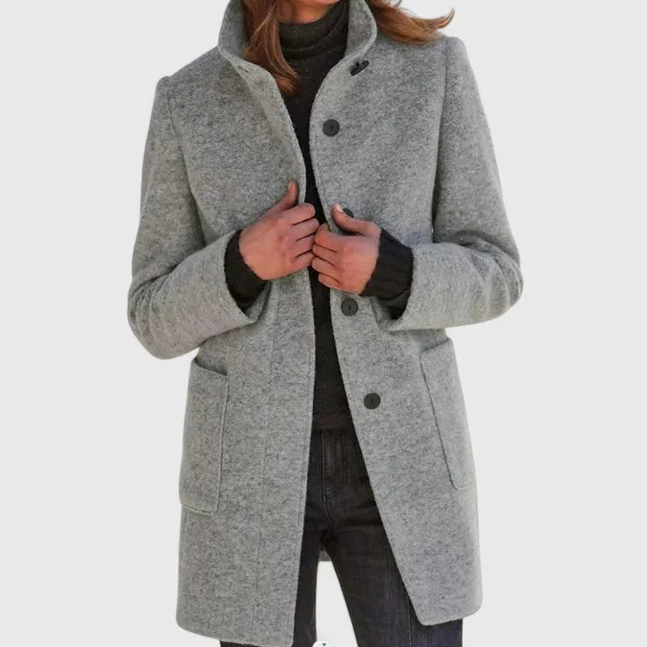 Women's button-front stand collar wool coat with patch pockets – Grey