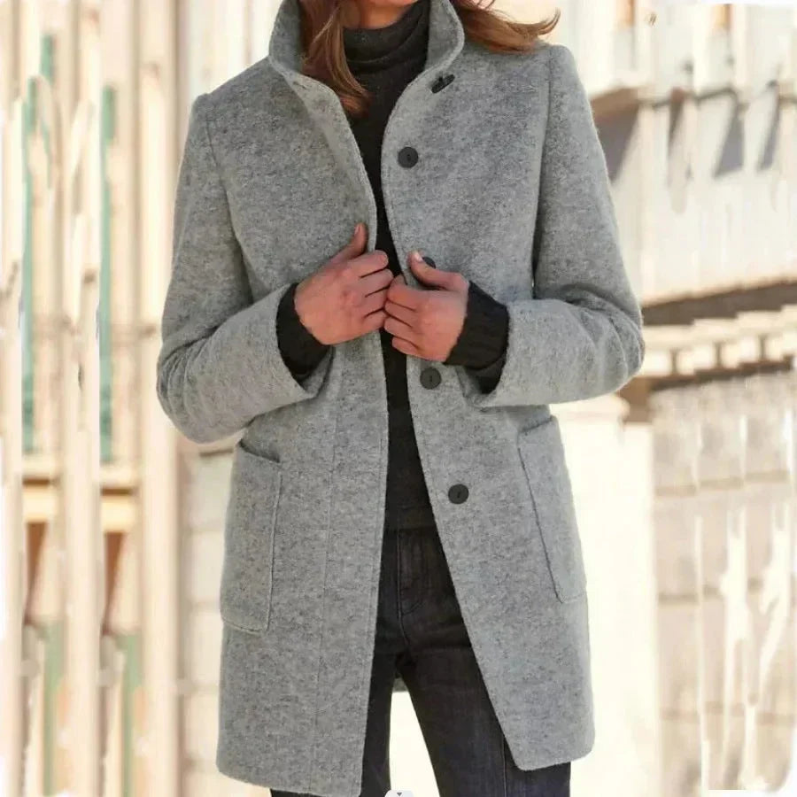 Women's button-front stand collar wool coat with patch pockets – Grey