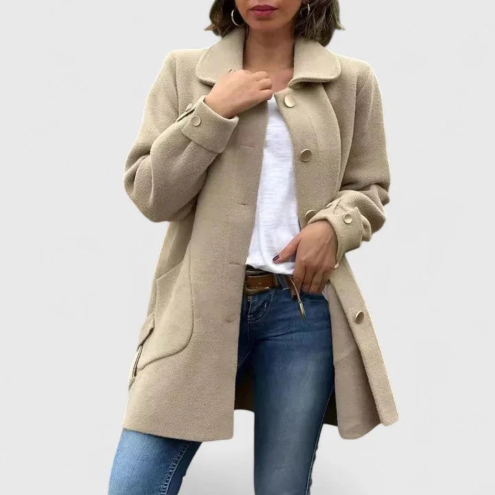 Women's button-front collared wool coat with bow details on back – Khaki