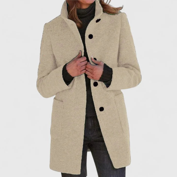 Women's button-front stand collar wool coat with patch pockets – Khaki