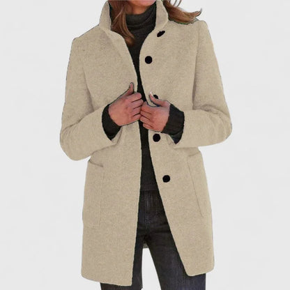 Women's button-front stand collar wool coat with patch pockets – Khaki