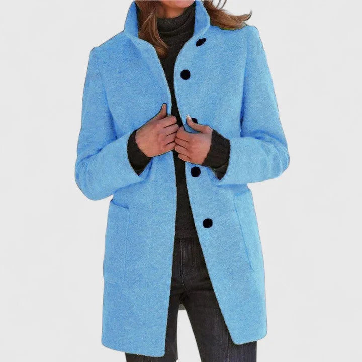 Women's button-front stand collar wool coat with patch pockets – Light Blue