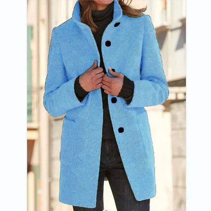 Women's button-front stand collar wool coat with patch pockets – Light Blue