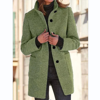 Women's button-front stand collar wool coat with patch pockets – Light Green
