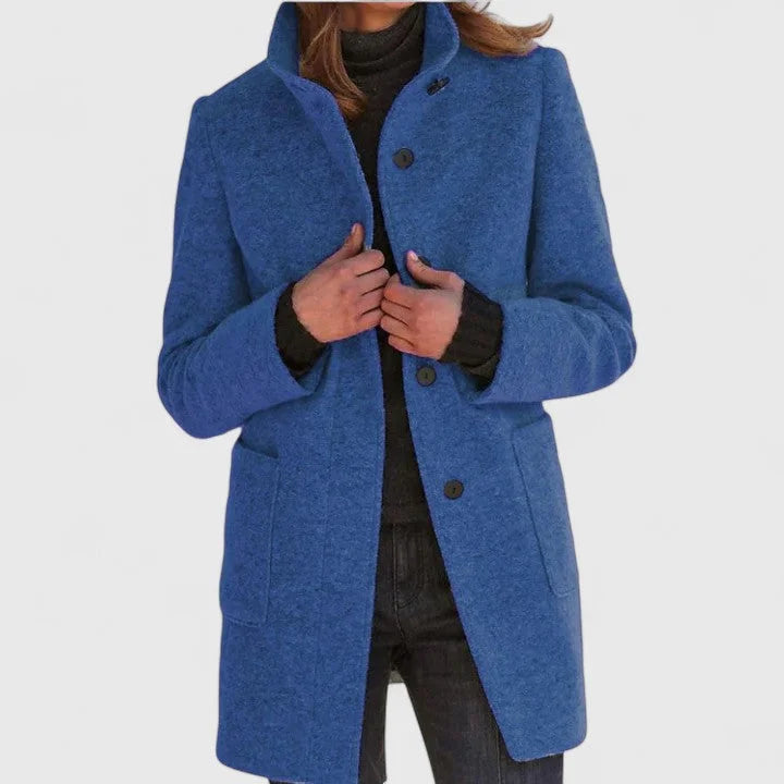 Women's button-front stand collar wool coat with patch pockets – Navy Blue
