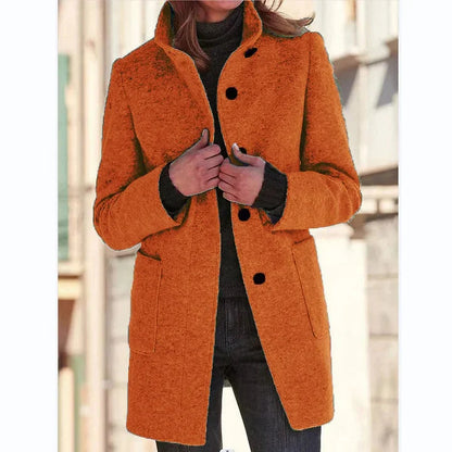 Women's button-front stand collar wool coat with patch pockets – Orange