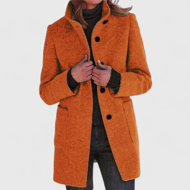 Women's button-front stand collar wool coat with patch pockets – Orange