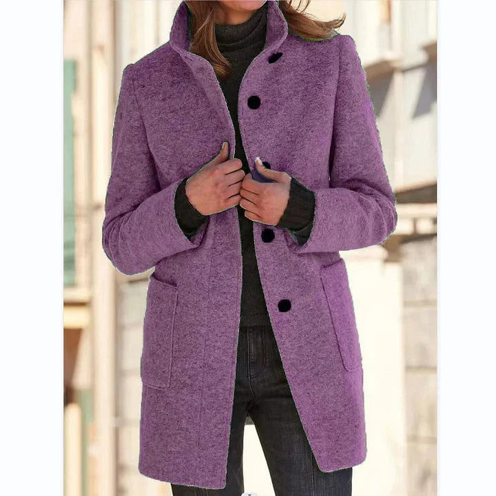 Women's button-front stand collar wool coat with patch pockets – Purple