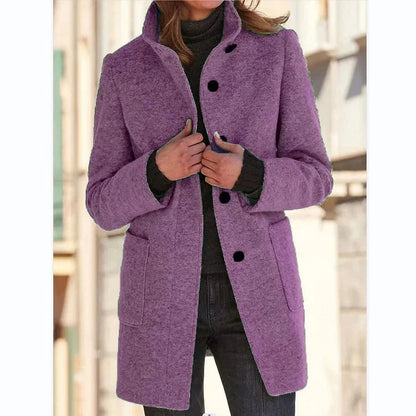 Women's button-front stand collar wool coat with patch pockets – Purple