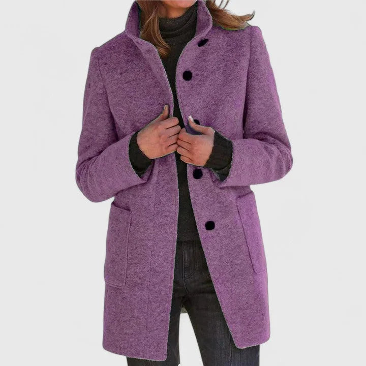 Women's button-front stand collar wool coat with patch pockets – Purple