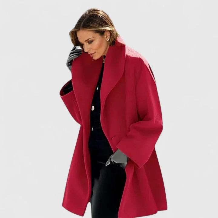 Women's button-front shawl collar wool coat with wide – Red