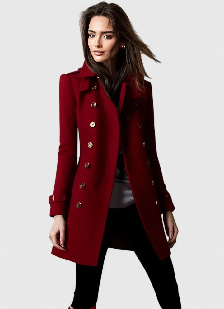 Women's double-breasted notch lapel wool coat with shoulder epaulets – Red