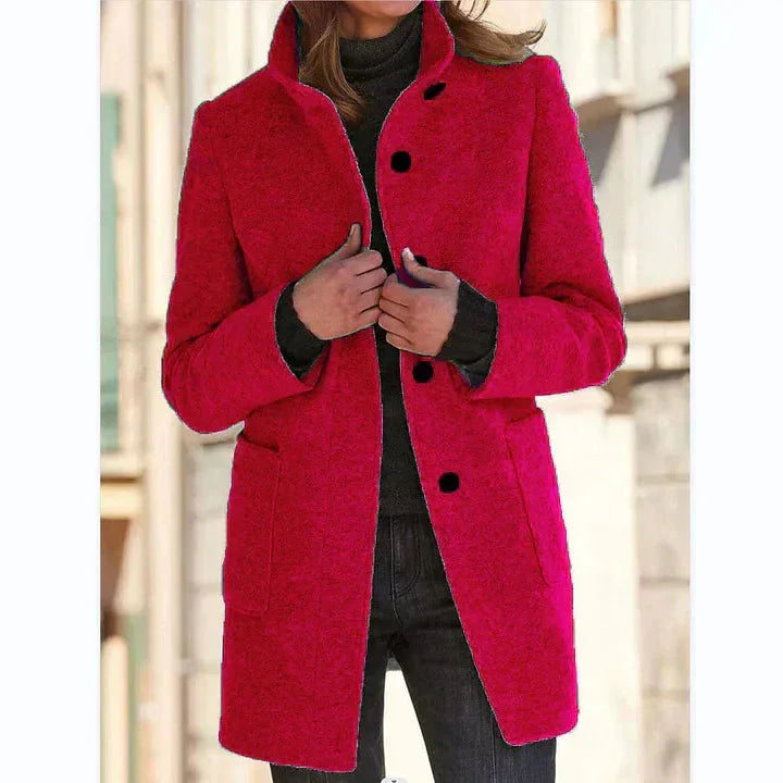 Women's button-front stand collar wool coat with patch pockets – Red
