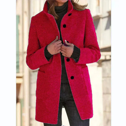 Women's button-front stand collar wool coat with patch pockets – Red