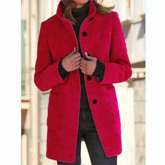 Women's button-front stand collar wool coat with patch pockets – Red