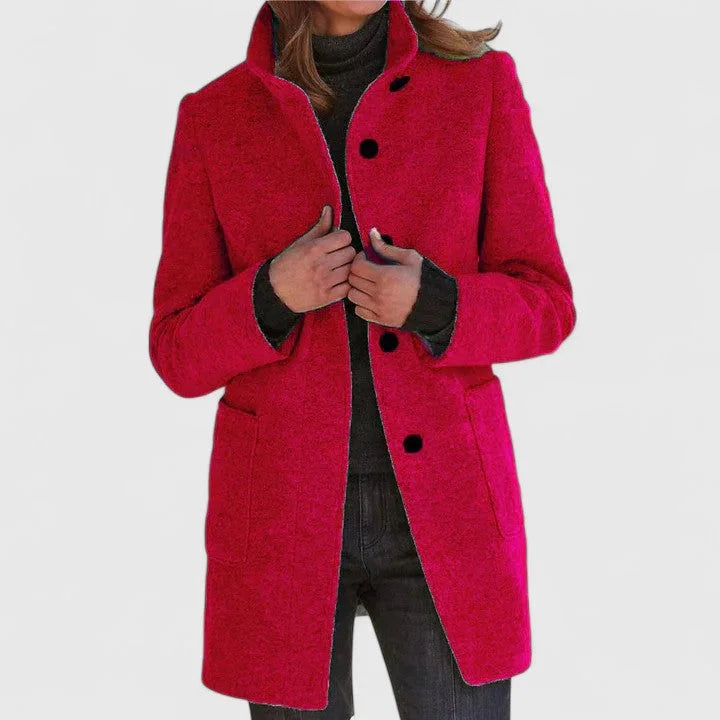Women's button-front stand collar wool coat with patch pockets – Red